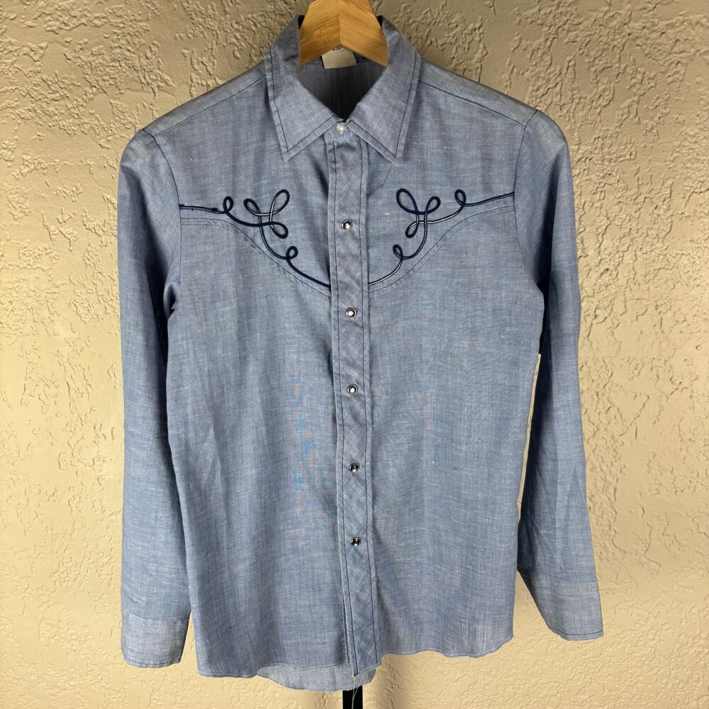 Vintage Western Chain Stitch Kid Kountry Youth 14 Pearl Snap Cowboy Button Down